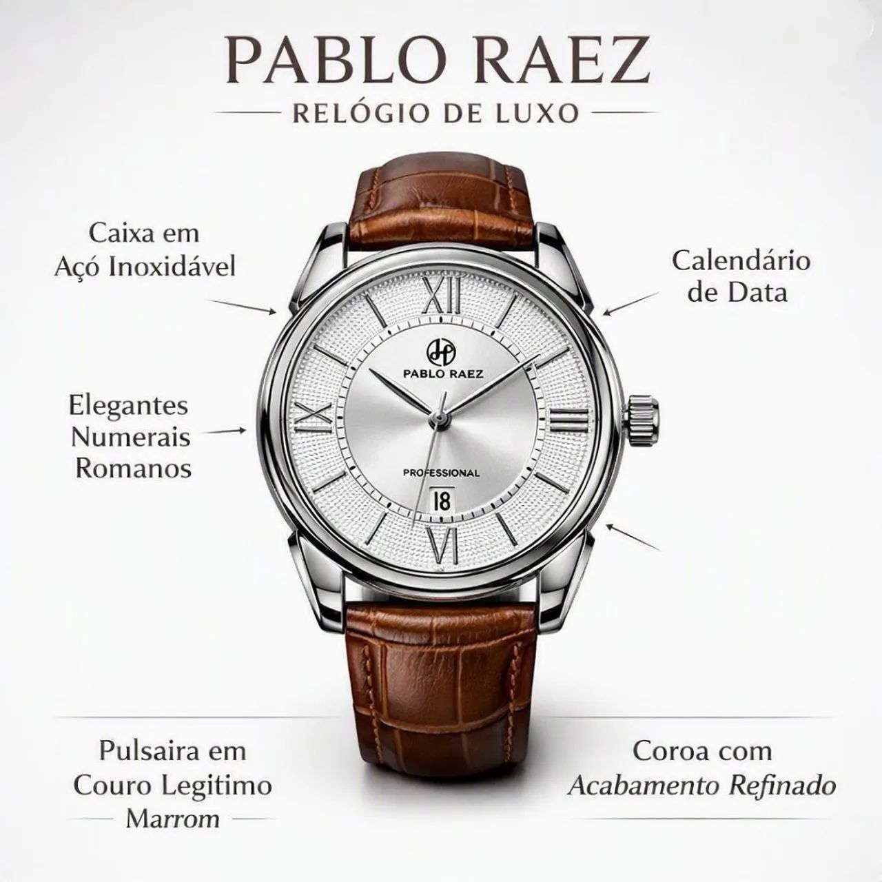 Relógio Deluxe Pablo Raez® Silver White Pulseira Couro Legítimo Marrom com Bisel Prateado - Foto 4