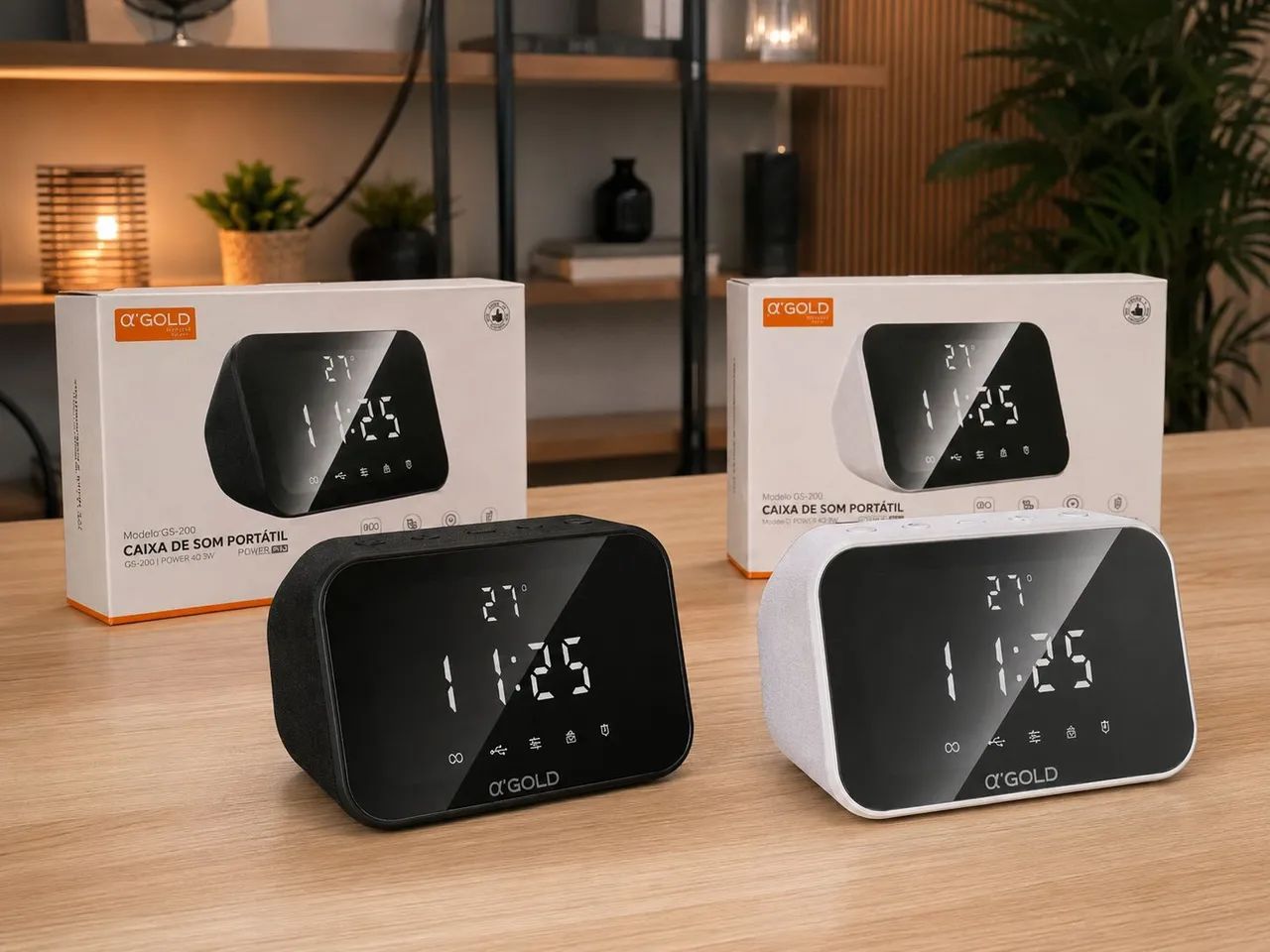 Caixa de Som Bluetooth com Relógio Digital GOLD