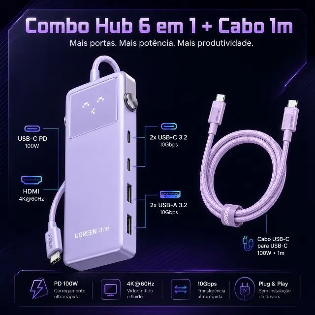 Kit Hub UGREEN Uno 6 em 1 Roxo + Cabo USB-C 100W 1m - Foto 2