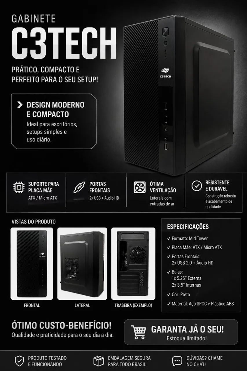 Gabinete C3Tech Preto - Moderno e em Ótimo Estado
