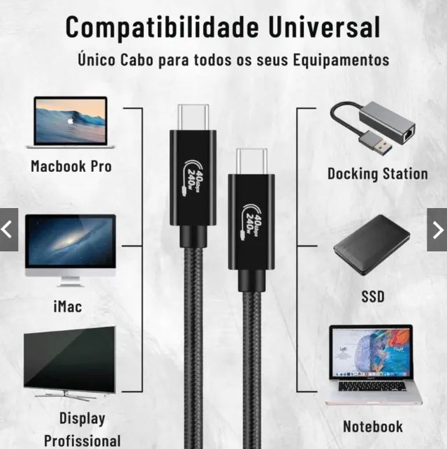 Cabo USB-C 240W 40Gbps USB4 Thunderbolt 4 8K Gen3x2 E-Marker 1mts - Foto 3