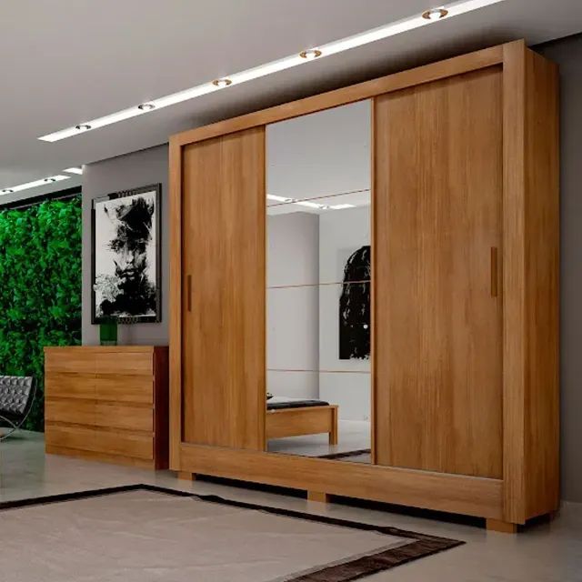 Guarda Roupa Amadeirado 3 Portas Com Espelho