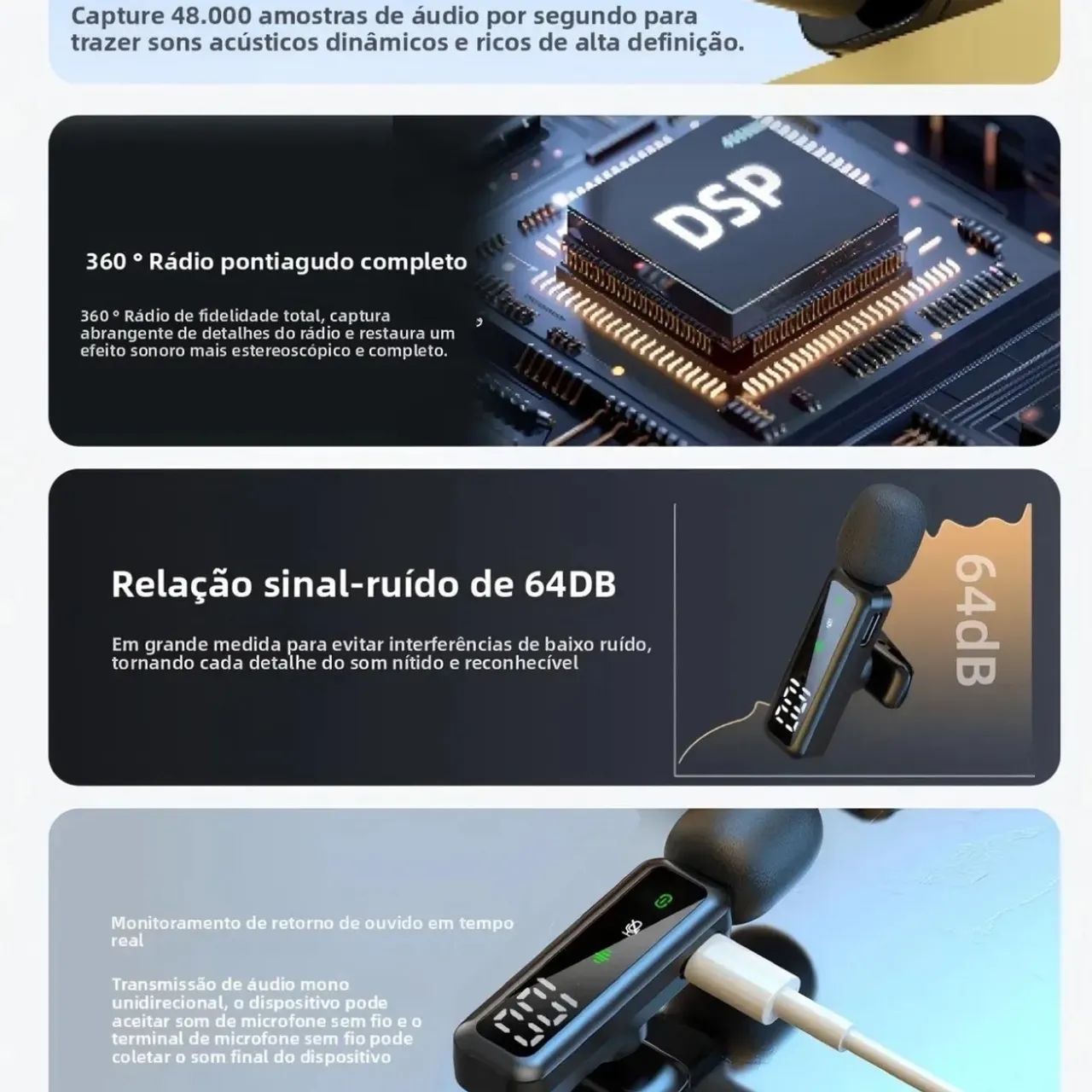 Microfone de lapela duplo sem fio 3 em 1 - Foto 4