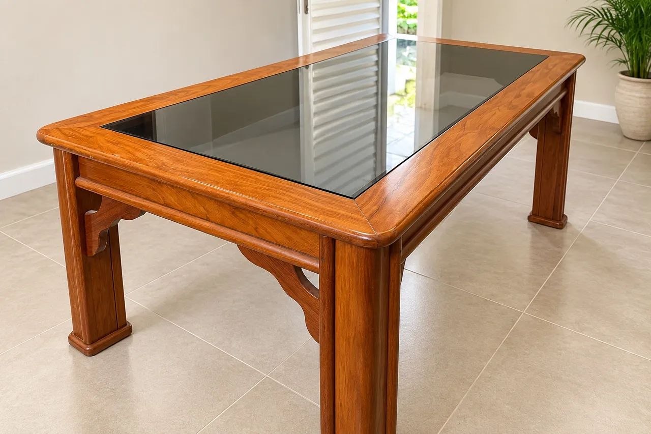 Vende-se Mesa de Madeira com Tampa de Vidro