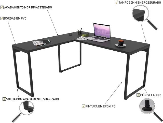 Mesa de Escritório em L Estilo Industrial 1,50mX1,50m Kuadra, Compace, Preto Ônix / Est.Pr - Foto 3