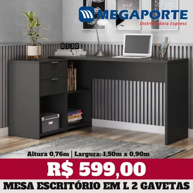 Mesa Escritório em L Office 2 Gavetas 3 Nichos (Novo) Entrega Grátis!