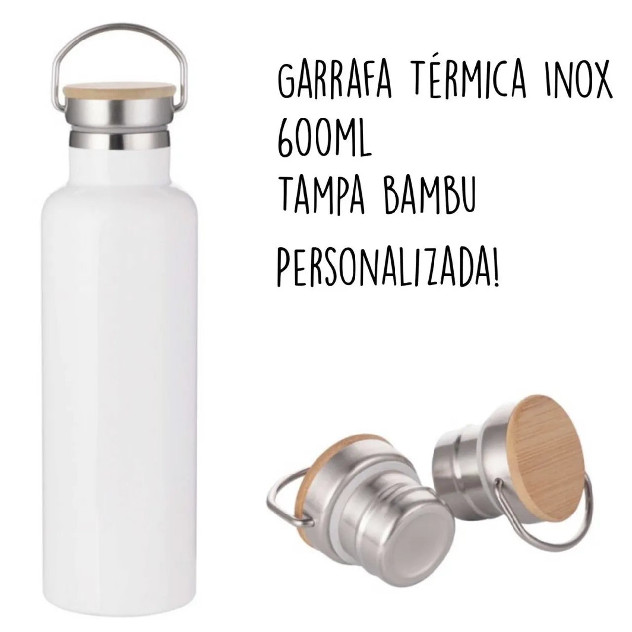 Garrafa Térmica Inox 600ml com Tampa de Bambu Personalizada