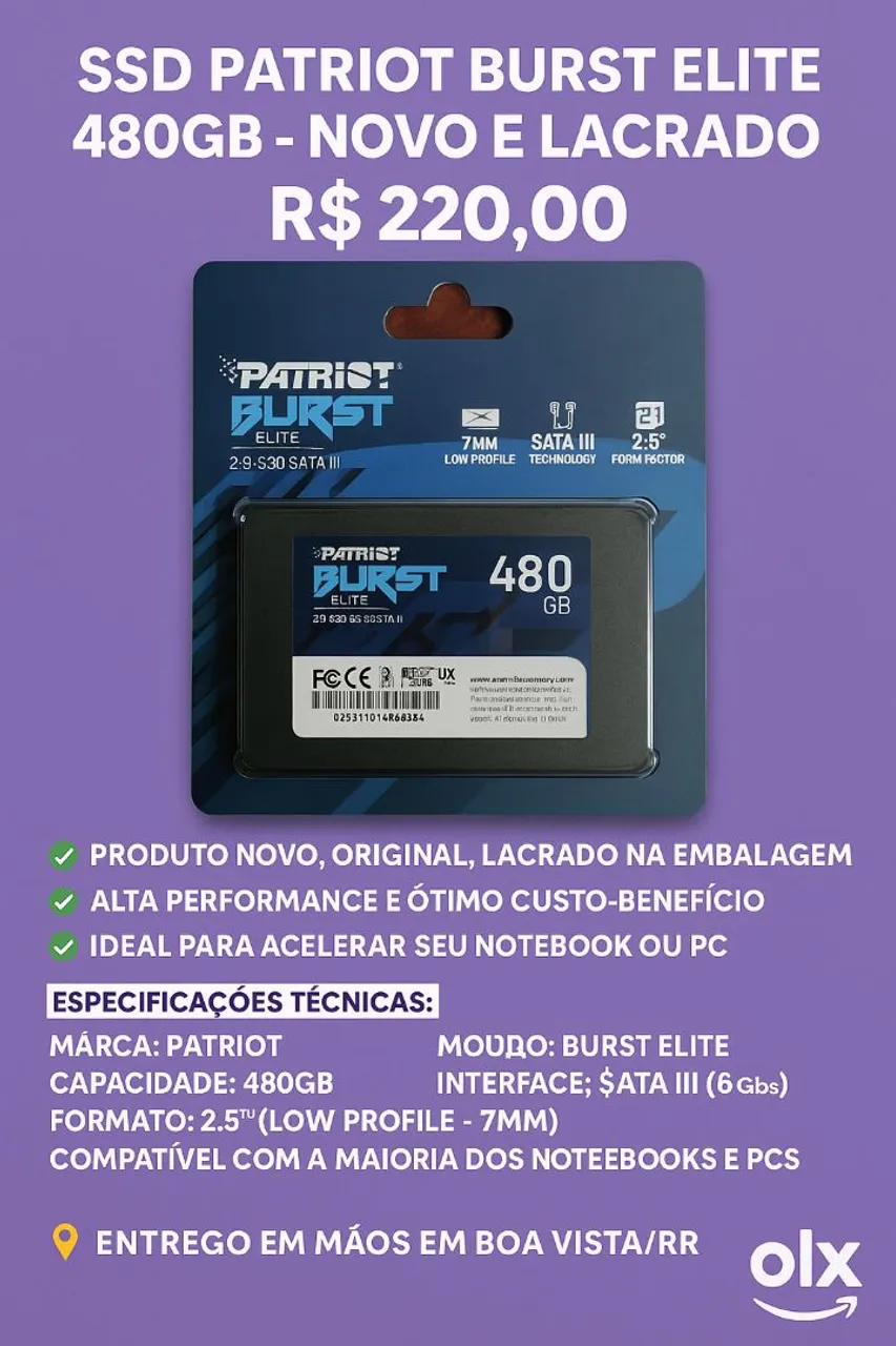 SSD Patriot Burst Elite 480GB - Novo e Lacrado