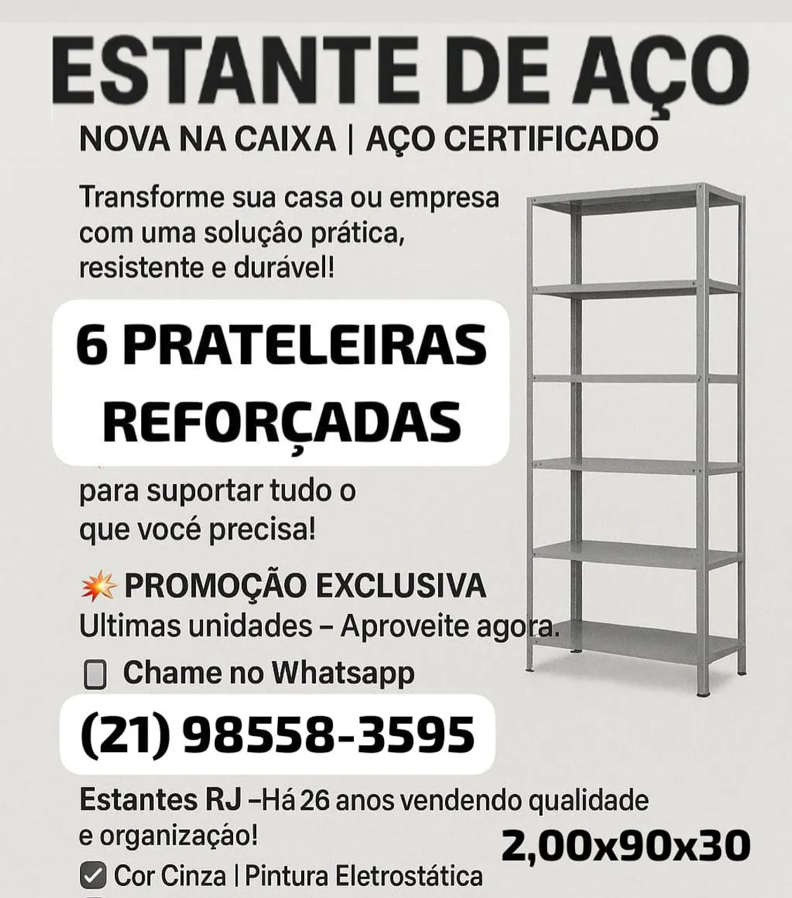 Estante de Aço com 6 Prateleiras Reforçadas - Grande (2,00x90x30)- Nova na Caixa- Promoção