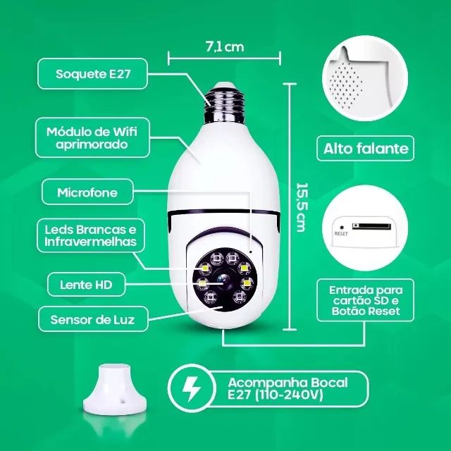 Câmera Wifi Inteligente Lâmpada Panorâmica e Espiã Full HD Visão noturna App Yoosee - Foto 4