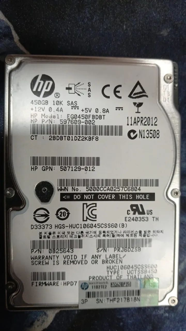 HD HP SAS 450GB 10K EG0450FBDBT 2.5 Polegadas 6Gbps Servidor ProLiant Dell IBM Thinkserver