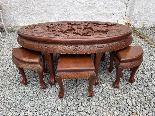 Mesa de chá chinesa com 6 lugares esculpida em madeira