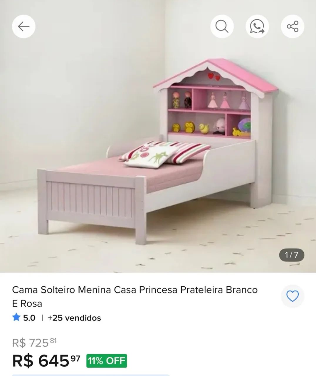 Cama Solteiro Infantil Princesa com Cabeceira e Prateleiras - Branco e Rosa - Foto 2