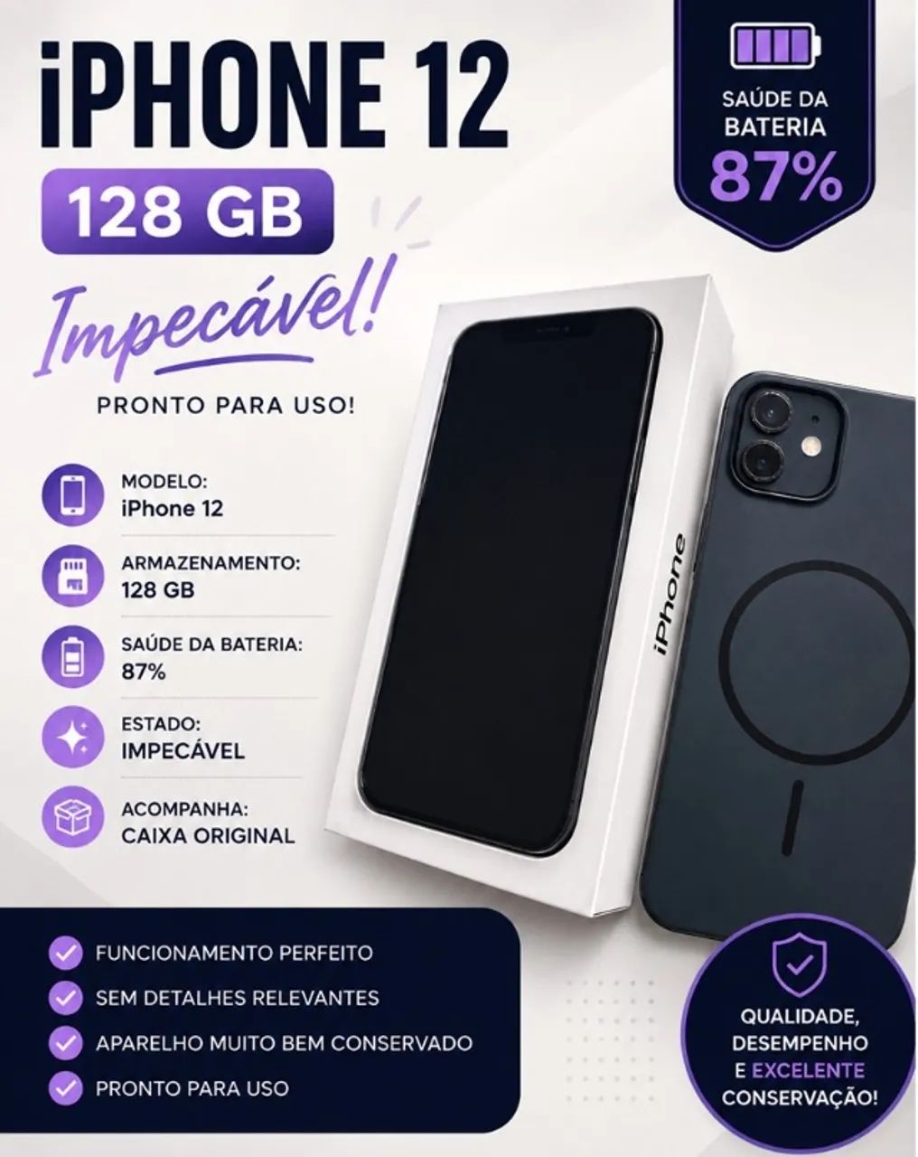 iPhone 12 128 GB qualidade, desempenho e excelente conservação!