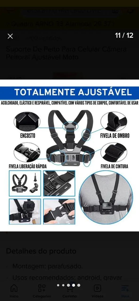 Suporte de peito para Celular,  Câmera  peitoral ajustável moto 