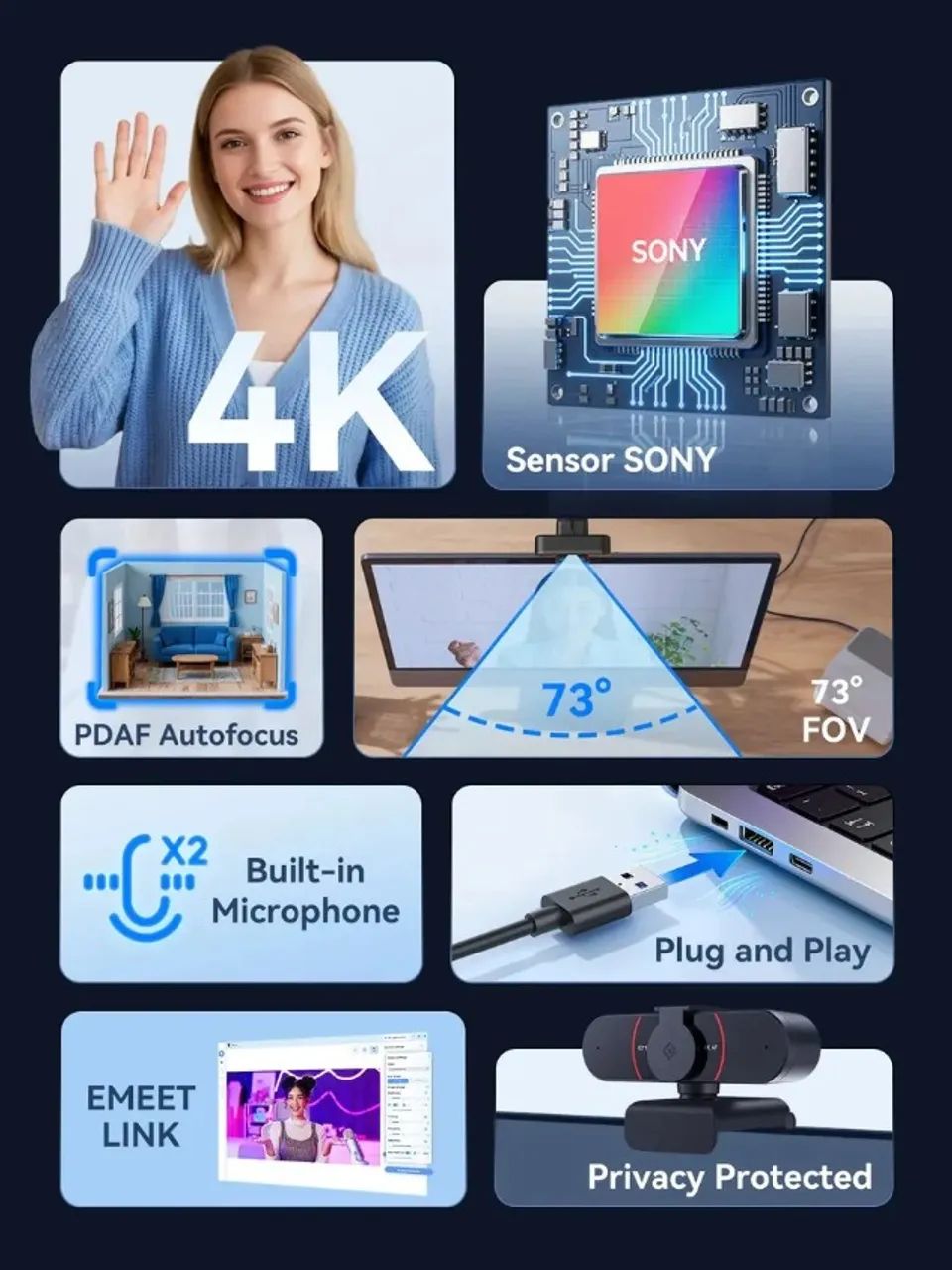Webcam eMeet C960 4K UHD Sensor Sony Foco Automático Microfone Duplo Tripé ? Nova Lacrada - Foto 5