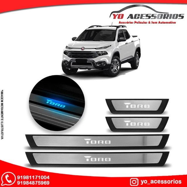 Kit Soleira Fiat Toro 2017 2018 2019 2020 Iluminada LED Azul Aço Inox Escovado