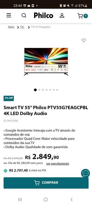 Smart TV 55'' Philco 4K LED Dolby Audio