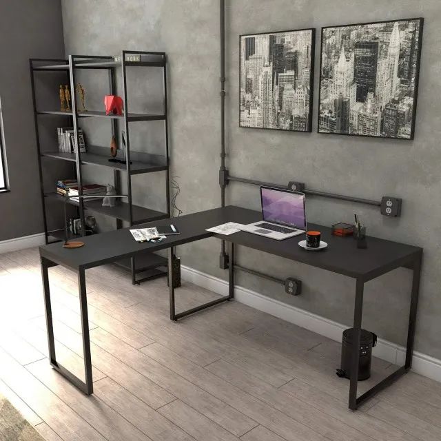 Mesa de Escritório em L Estilo Industrial 1,50mX1,50m Kuadra, Compace, Preto Ônix / Est.Pr