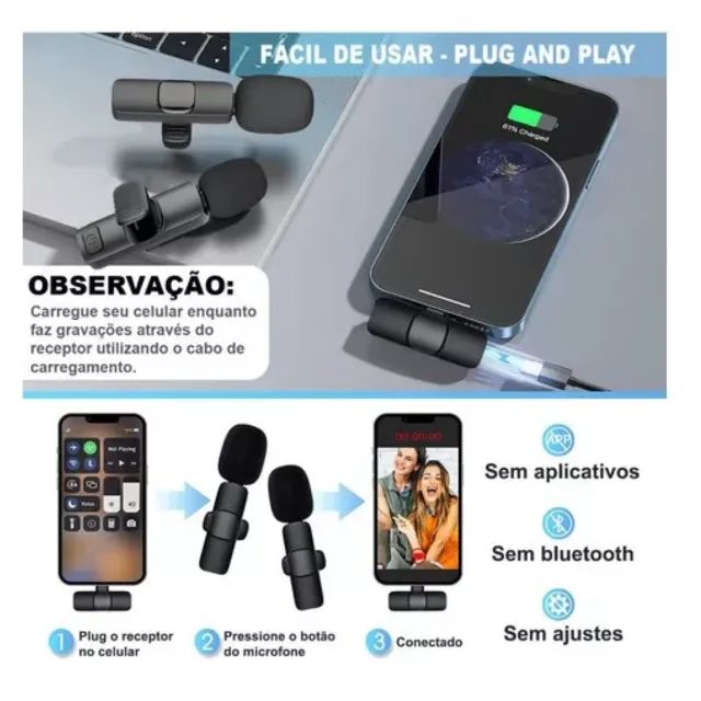 Microfone de Lapela Sem Fio Profissional Para Gravação de Vídeo Conteúdo - Foto 3