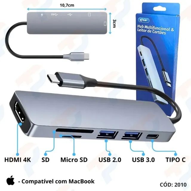  Hub Multifuncional Tipe-c HDMI, 2 Portas Usb 3.0 e leitor de cartões