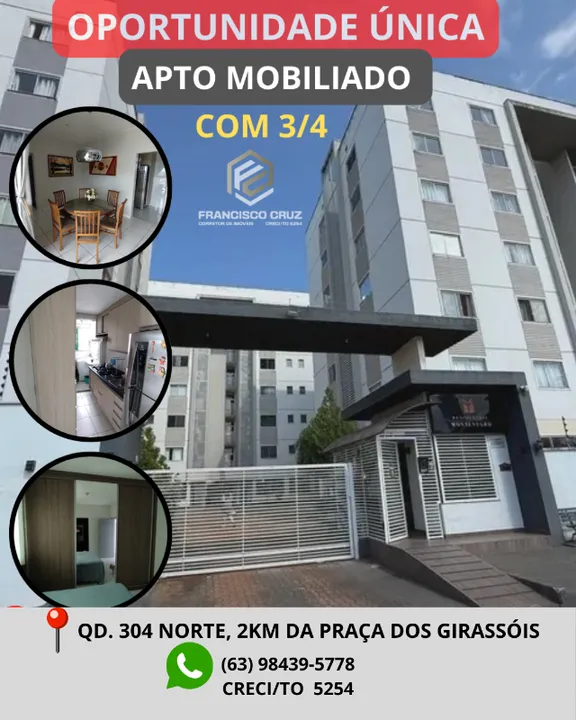 VENDO UM ÓTIMO APARTAMENTO MOBILIADO QD. 304 NORTE RESID. MONTE NEGRO