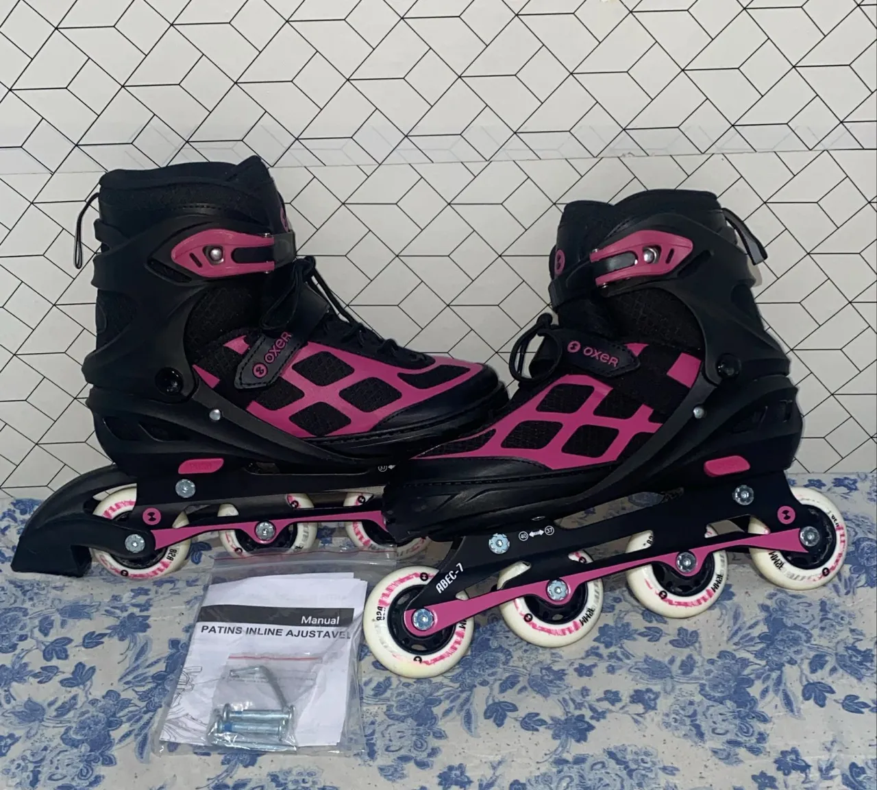 Patins Oxer First Wheels- Preto e Rosa Tamanho G