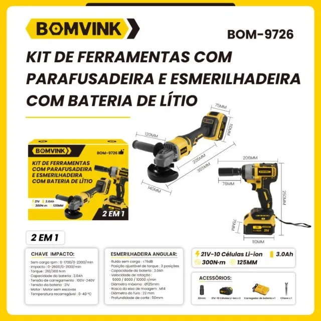 Parafusadeira de Impacto + Esmerilhadeira Angular 21V com 2 Baterias 3.0Ah e Motor Brushle