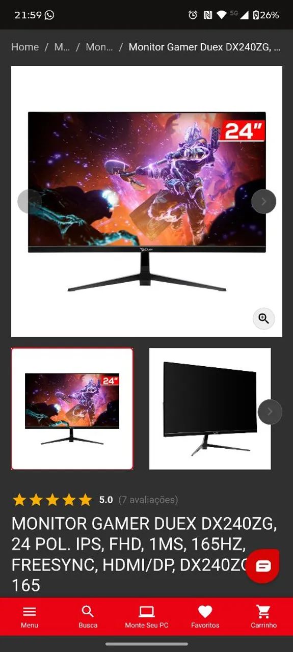 Monitor Duex 24 Polegadas, 1ms, 165Hz, FreeSync, HDMI/DP - Foto 3