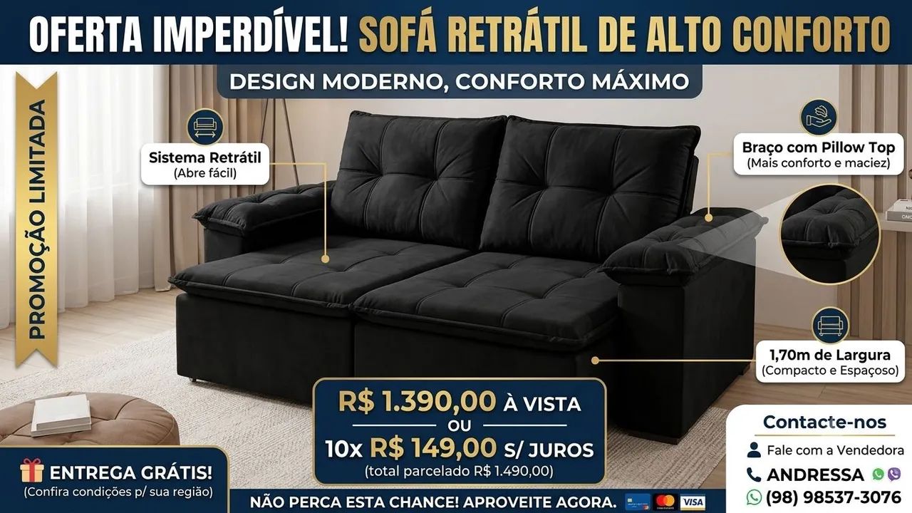 Sofá retrátil a pronta entrega e frete grátis