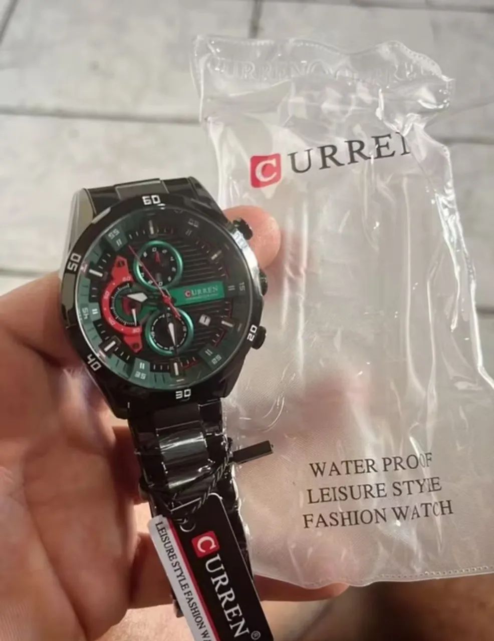 Relógio curren preto verde, edição de luxo original aço inoxidável