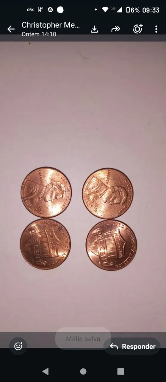 4 moeda americana de um centavo (One Cent) de 2019