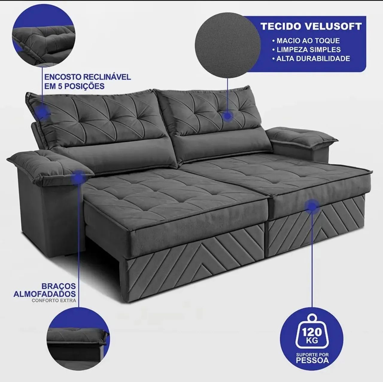 Sofá Retrátil 2,40m Molas E Espuma D33 Thunder. Cama Inbox - Foto 5