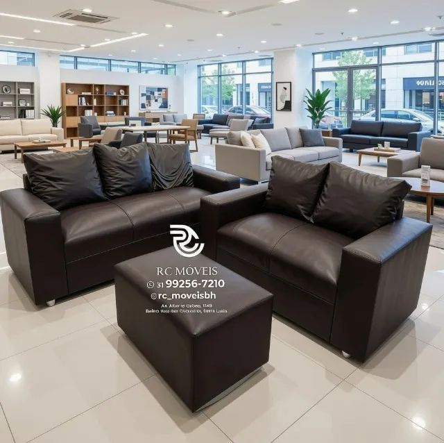 Conjunto Sofá 3 e 2 Lugares Puff Courino Marrom Claro D33 Confortável