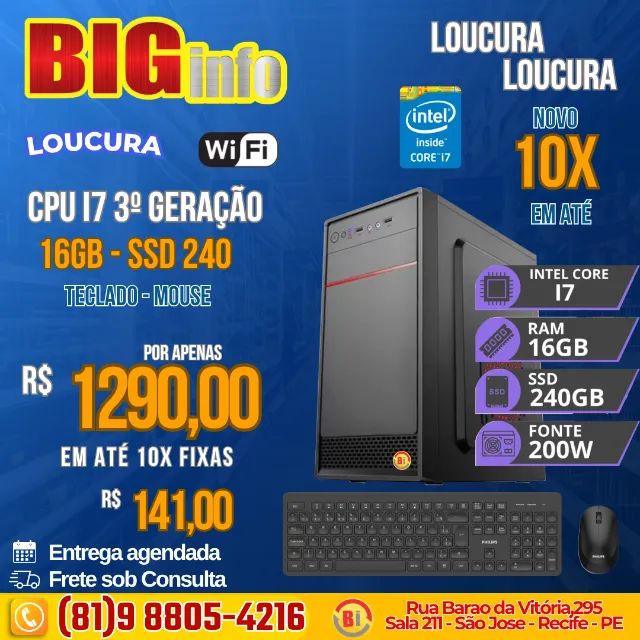Computador  CPU BIG Intel I7 3ª Geração 16gb Ssd 240gb - NOVO - Em ate 10x Fixas 