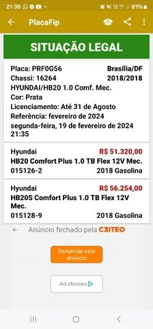 Hyundai HB20 Comfort Plus 1.0 TB Flex 12V Mec. Flex 4 portas, câmbio Manual  em Brasília - Distrital Veículos