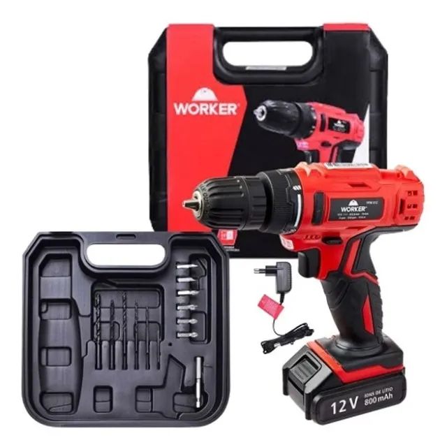 Parafusadeira Furadeira Bateria 12V Li-Ion 3/8 Pol. Carregador Biv Maleta Acess Worker