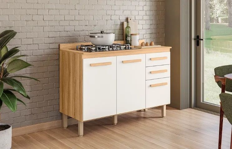 Balcão p/ Cooktop 5 bocas  com tampo 120 cm com 3 Portas e 2 Gavetas