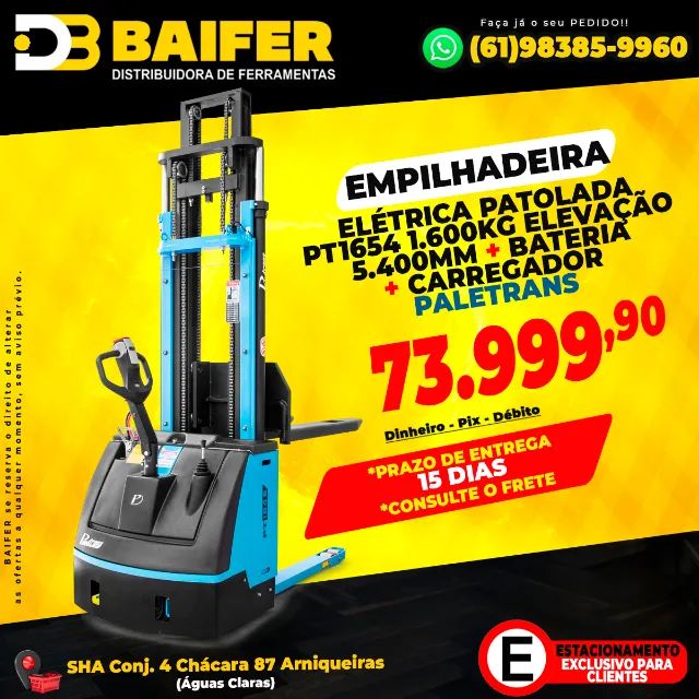 Empilhadeira Elétrica Patolada PT1654 1.600Kg Elevação 5.400mm + Bateria + Carregador Pale