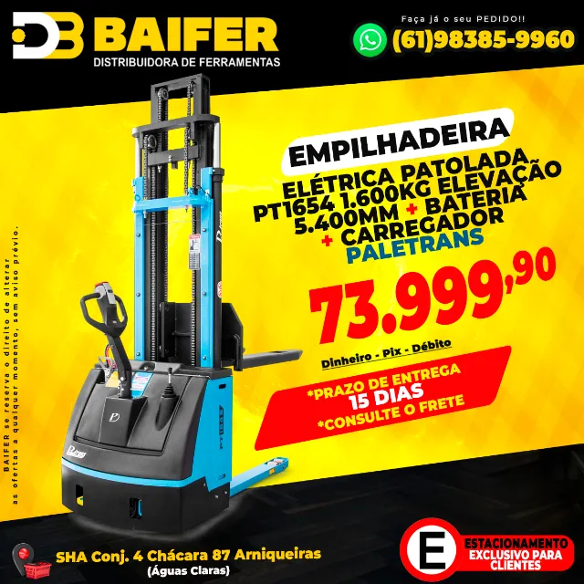 Empilhadeira Elétrica Patolada PT1654 1.600Kg Elevação 5.400mm + Bateria + Carregador Pale