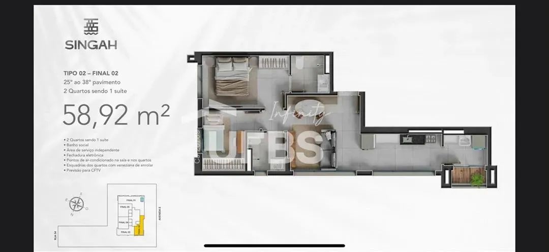 SINGAH - Apartamento 2 quartos, sendo 1 suíte