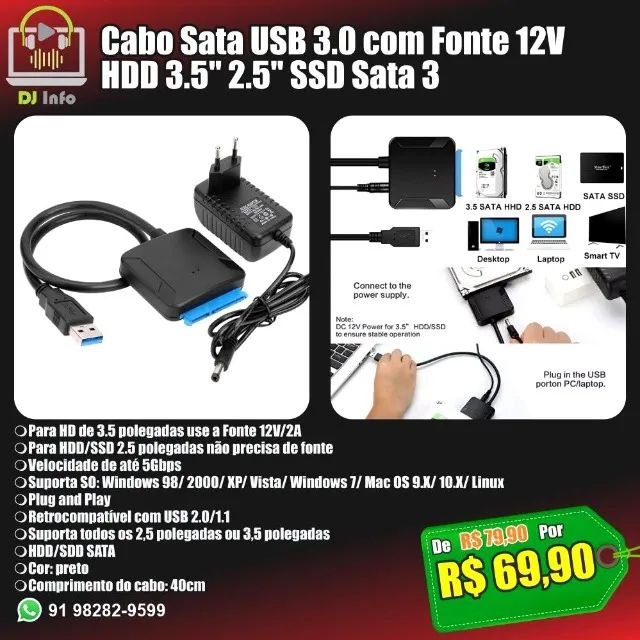Cabo Sata USB 3.0 com Fonte 12V HDD 3.5" 2.5" SSD Sata 3