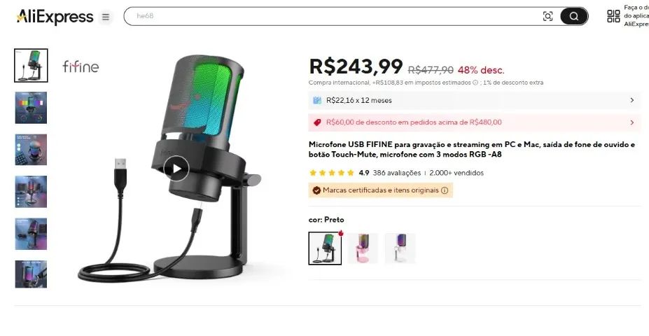 Microfone Fifine Ampligame A8 RGB - Foto 2