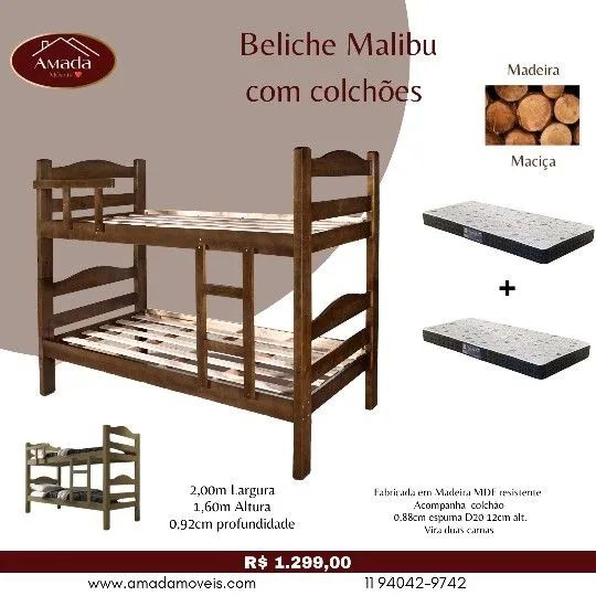 Beliche madeira maciça Malibu com 2 colchões , à pronta entrega 