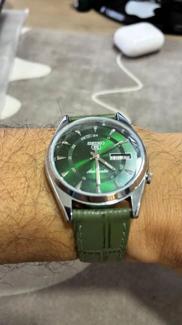 Relógio Automático Vintage Seiko 5 7009a Dial Pulseira Verde