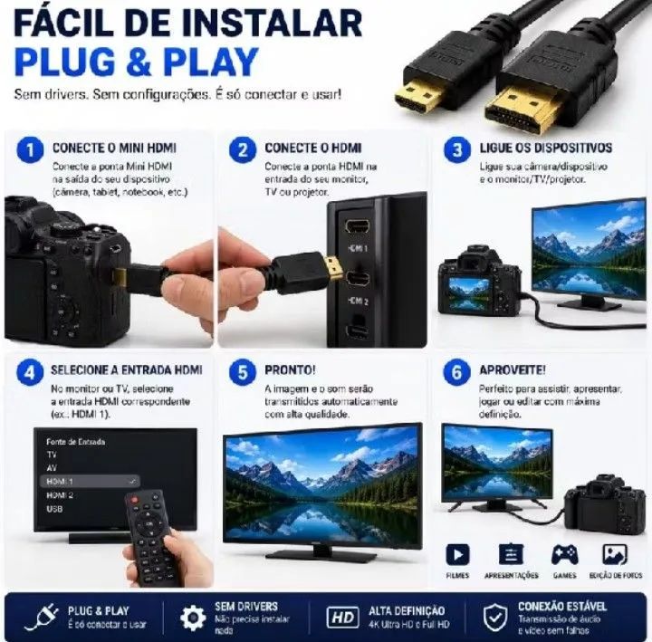 CABO ADAPTADOR MINI HDMI PARA HDMI 4K - Foto 4