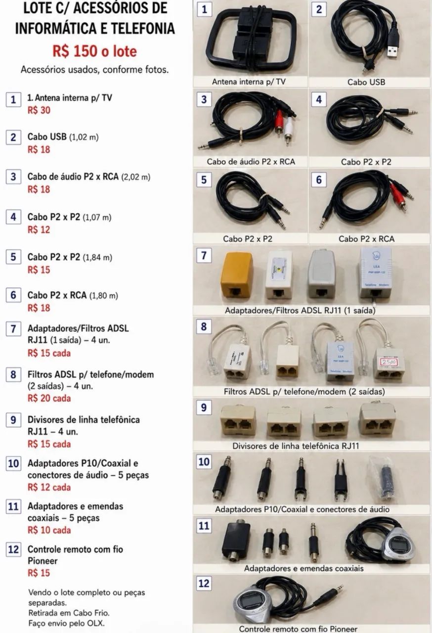 LOTE C/ ACESSÓRIOS DE INFORMÁTICA E TELEFONIA