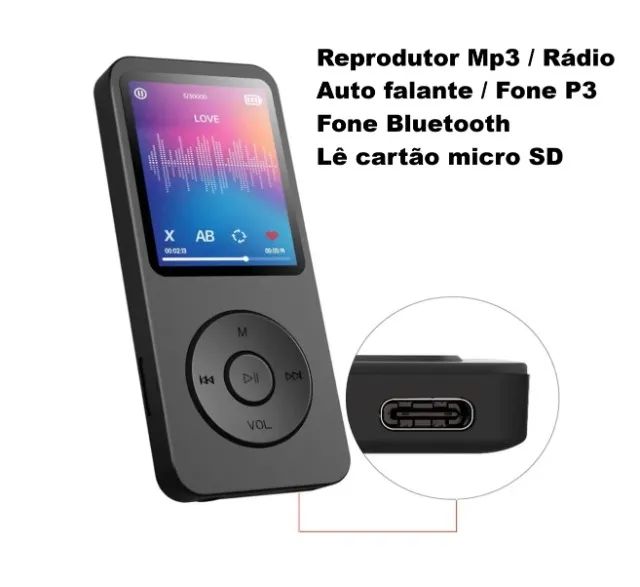 Reprodutor Mp3 com rádio FM e Bluetooth - Tela e Tipo C