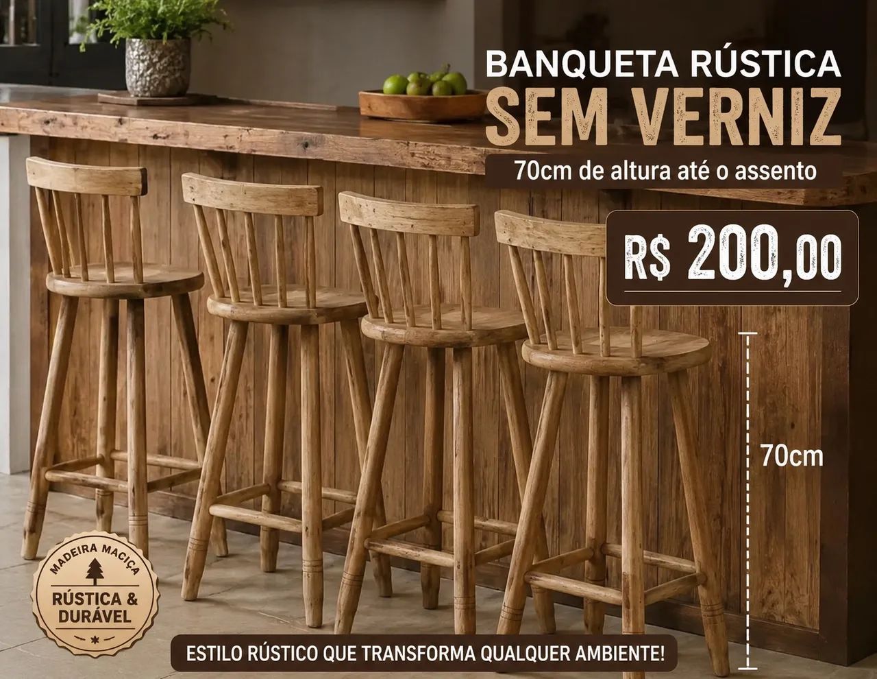 Banqueta rústica para balcão sem verniz nova CADA 