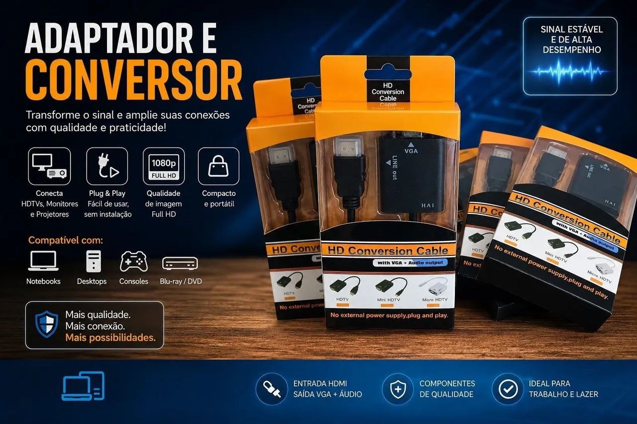 Adaptador e Conversor Hdmi Para Vga + cabo P2 